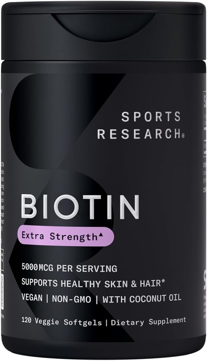 Sports Research Biotin 10,000mcg with Organic Coconut Oil – 120 Veggie Softgels