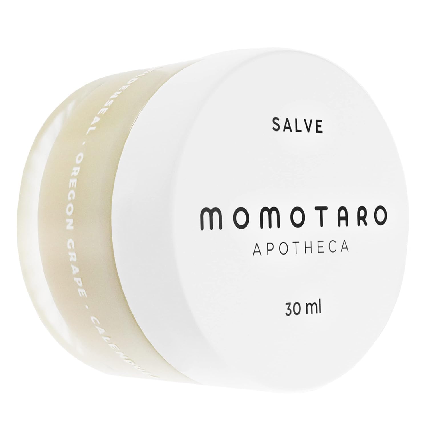 Momotaro Apotheca salve jar with visible brand name on a white background