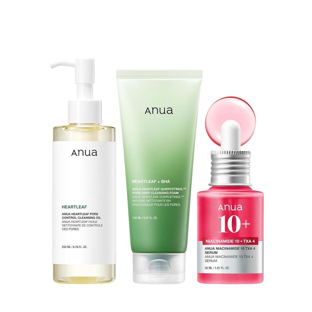 Three skincare products from the brand 'Anua' on a white background