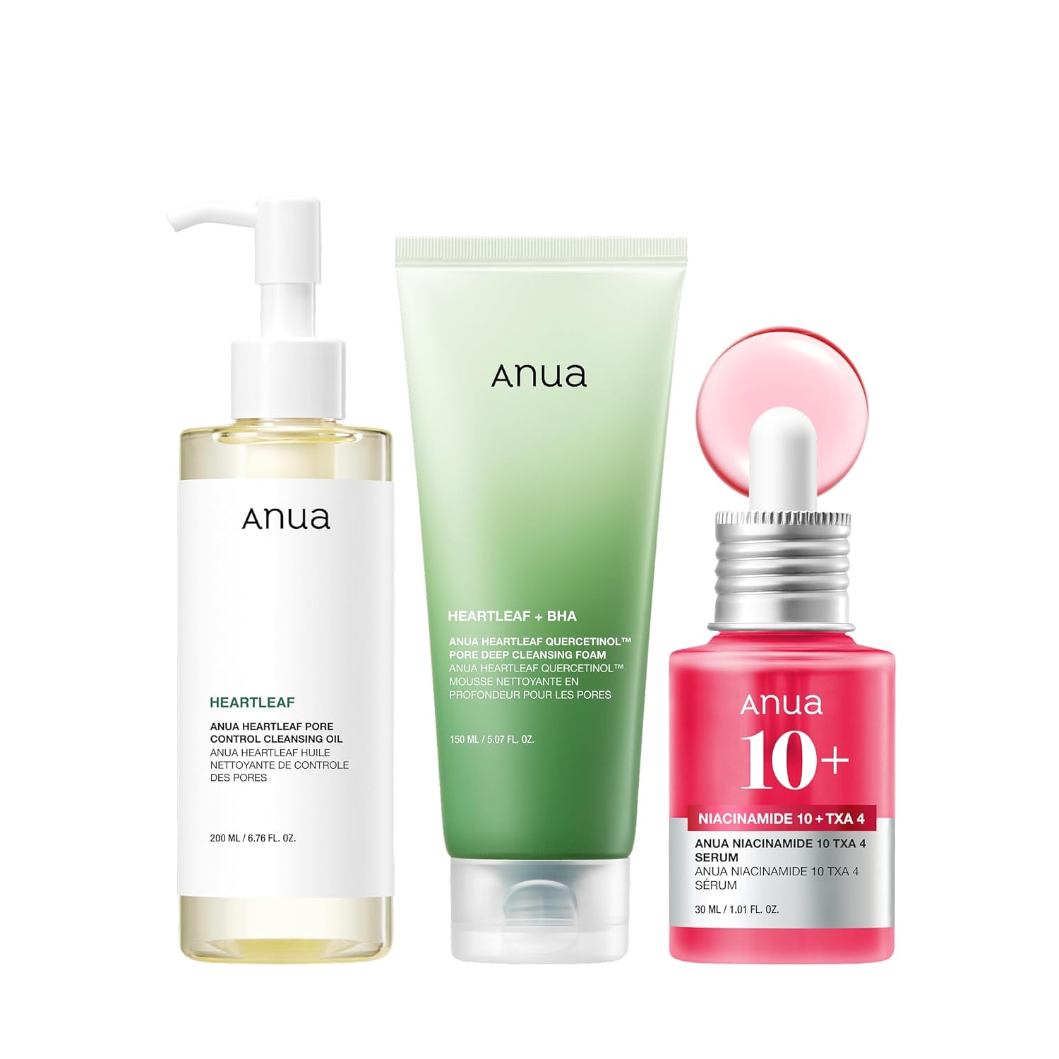 Three skincare products from the brand 'Anua' on a white background