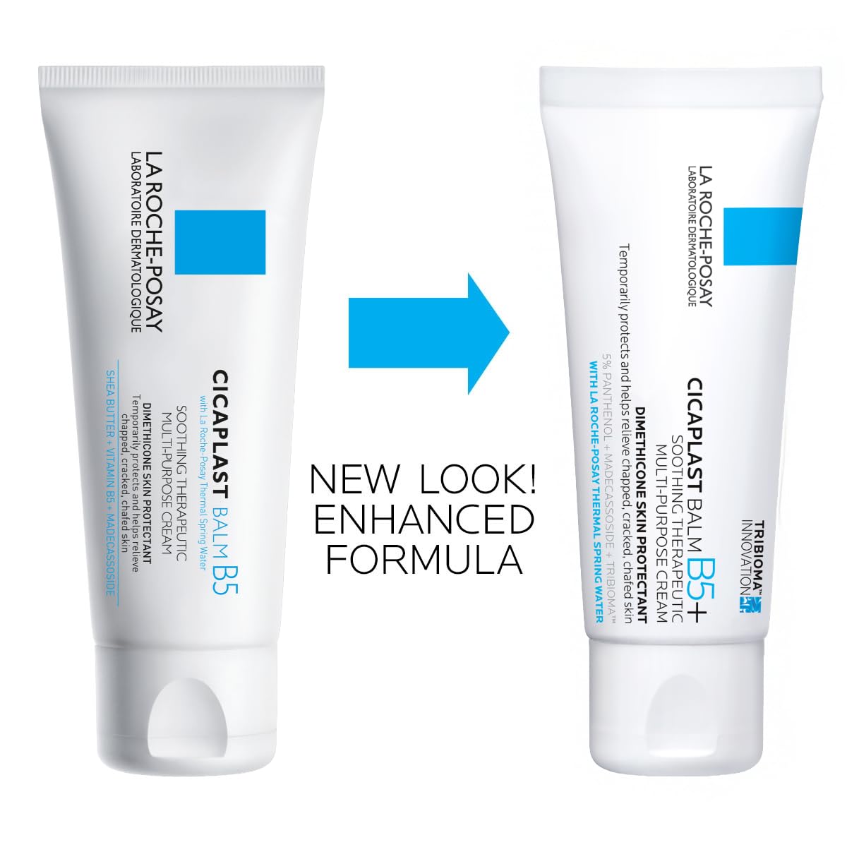 Two La Roche-Posay Cicaplast Balm B5+ tubes with a blue arrow indicating a new look and enhanced formula.