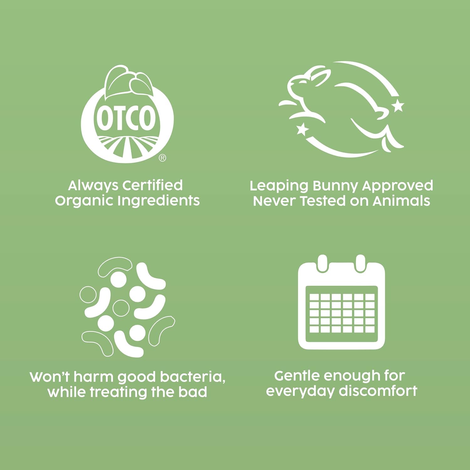 Set of icons and text on a green background, featuring OTCO and Leaping Bunny approval logos.