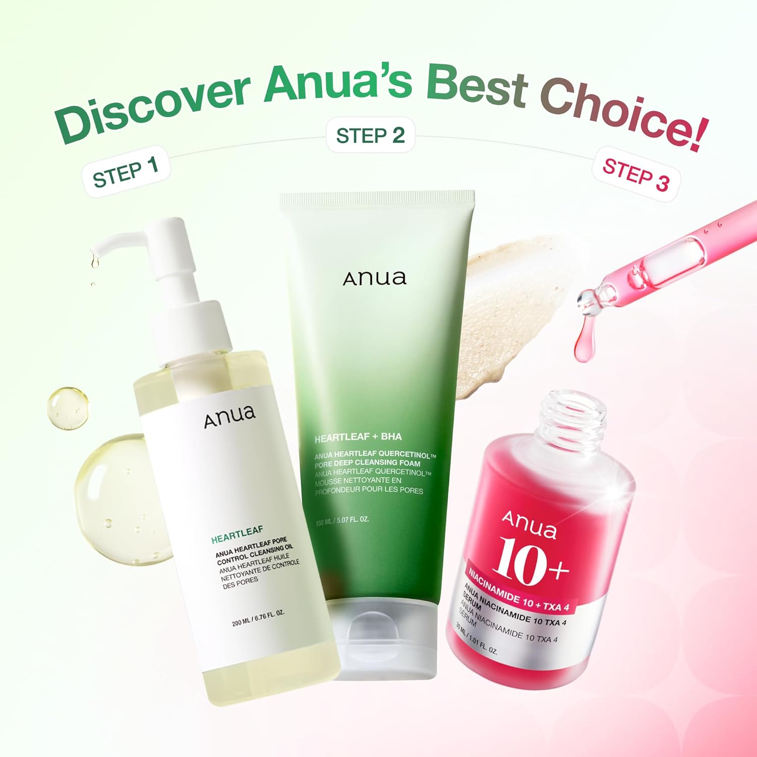 Anua skincare products with a promotional message on a gradient background