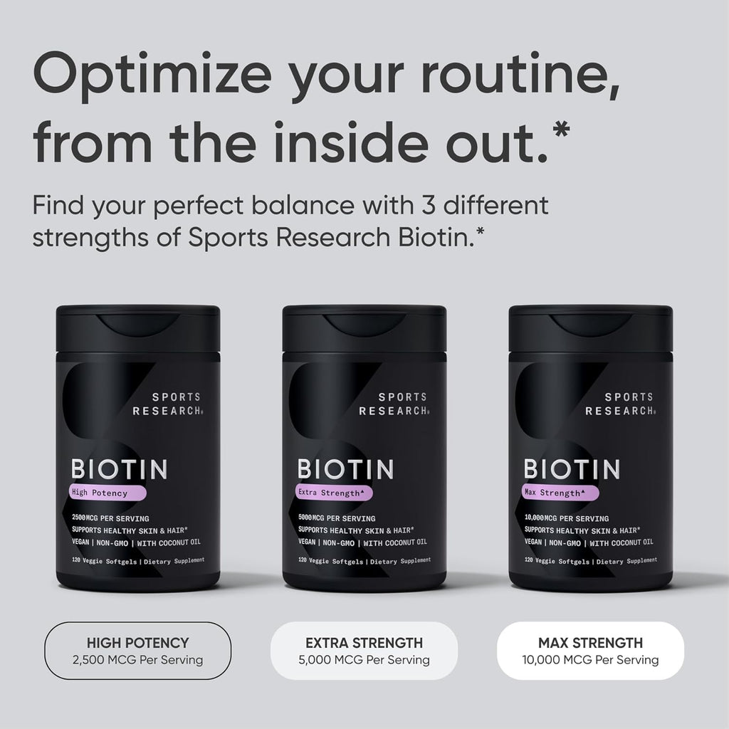 Sports Research Biotin 10,000mcg with Organic Coconut Oil – 120 Veggie Softgels