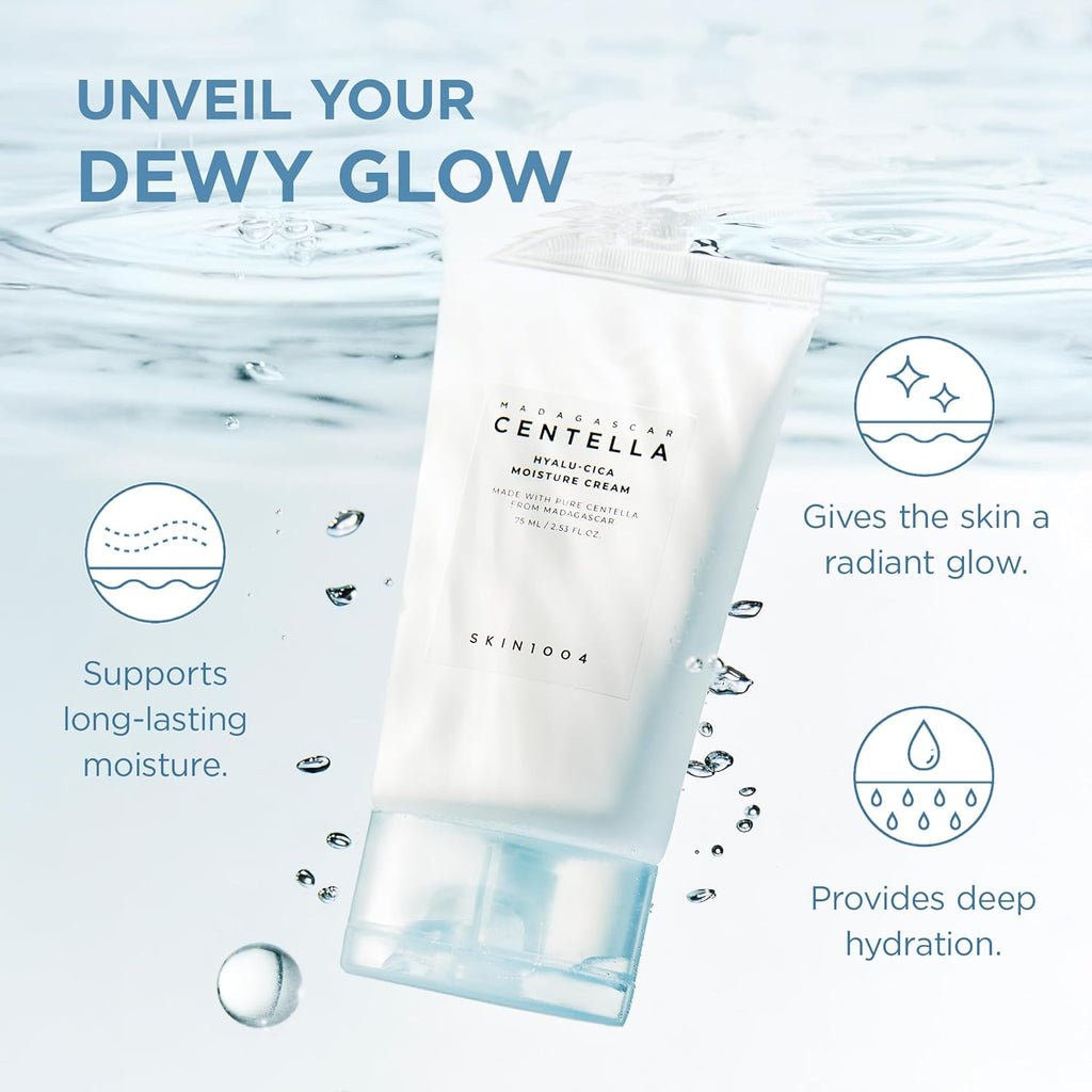 Skincare product with water droplets and text highlighting benefits on a light blue background