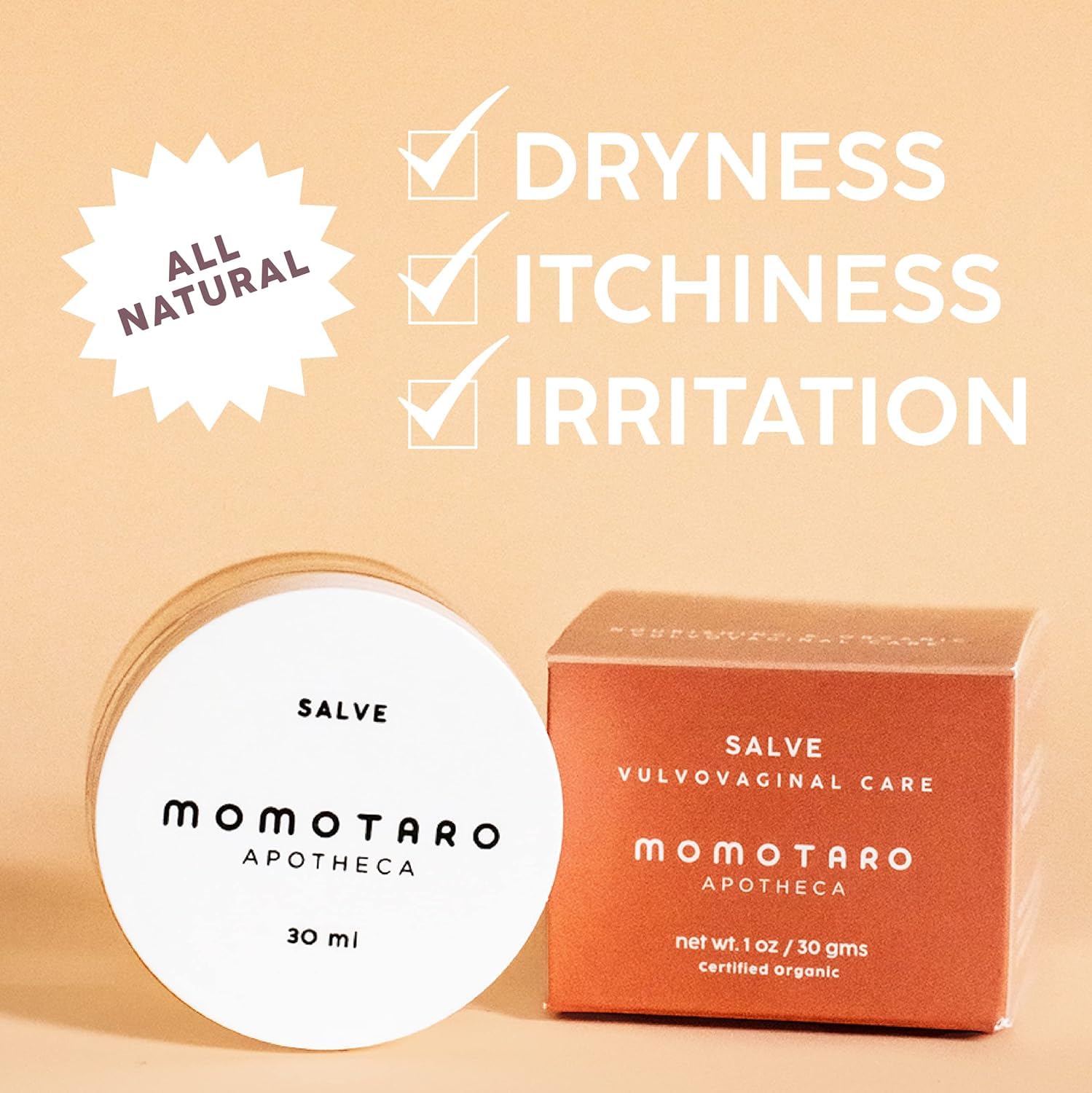 Momotaro Apotheca salve packaging with a beige background