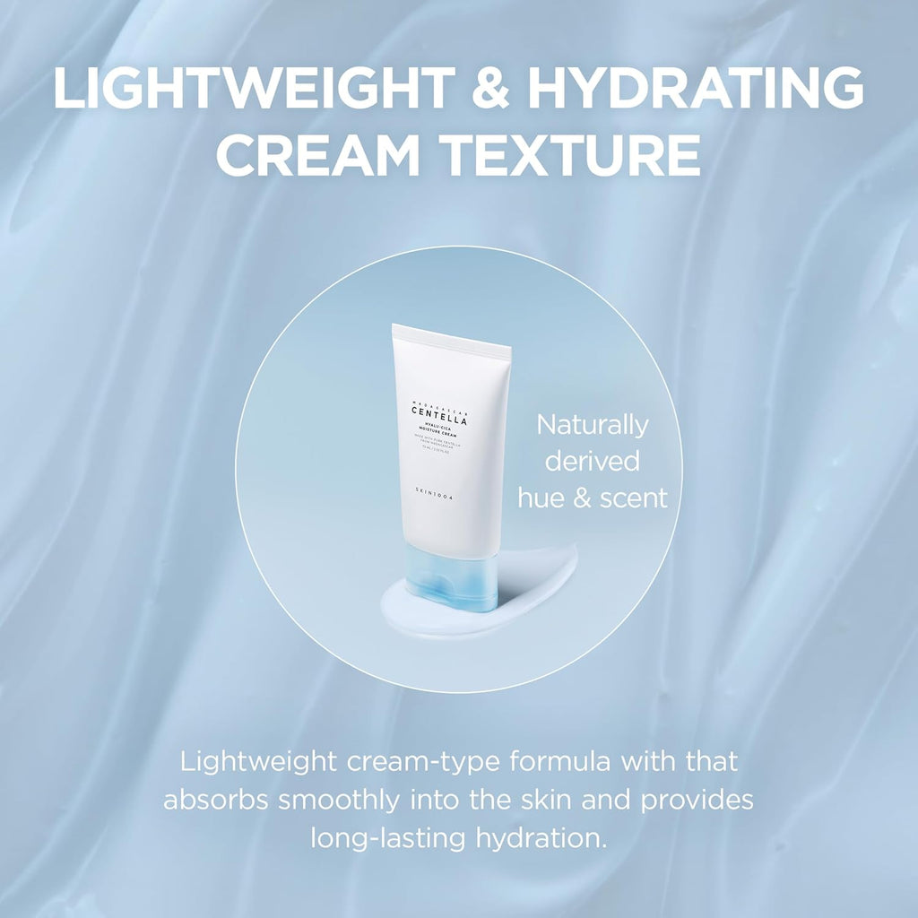 Skincare product with text about lightweight and hydrating cream texture on a light blue background