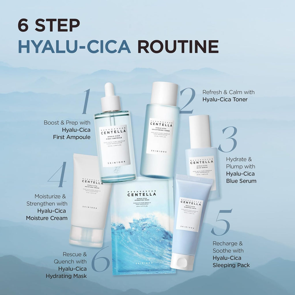 Centella Skincare 6-step Hyalu-Cica Routine with product bottles on a blue gradient background
