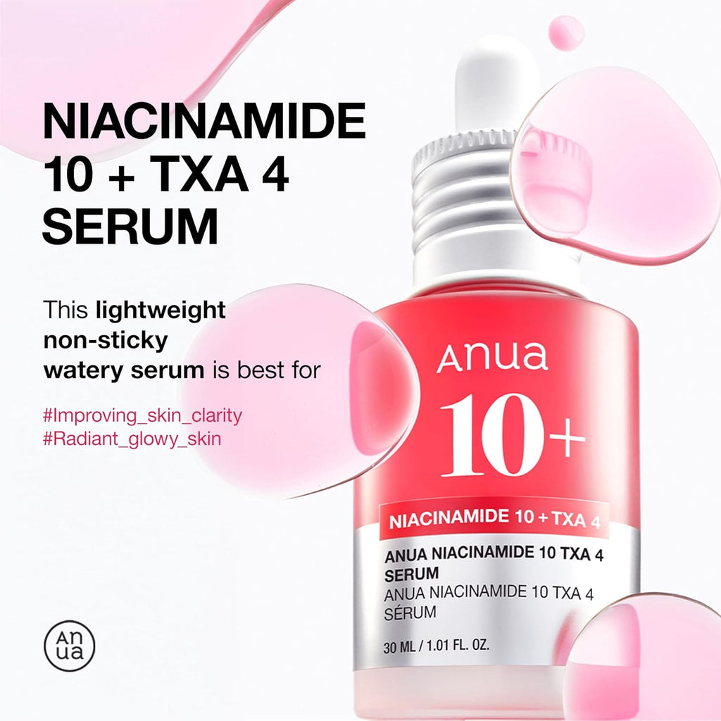 Anua Niacinamide 10 + TXA 4 Serum bottle with pink droplets on a white background