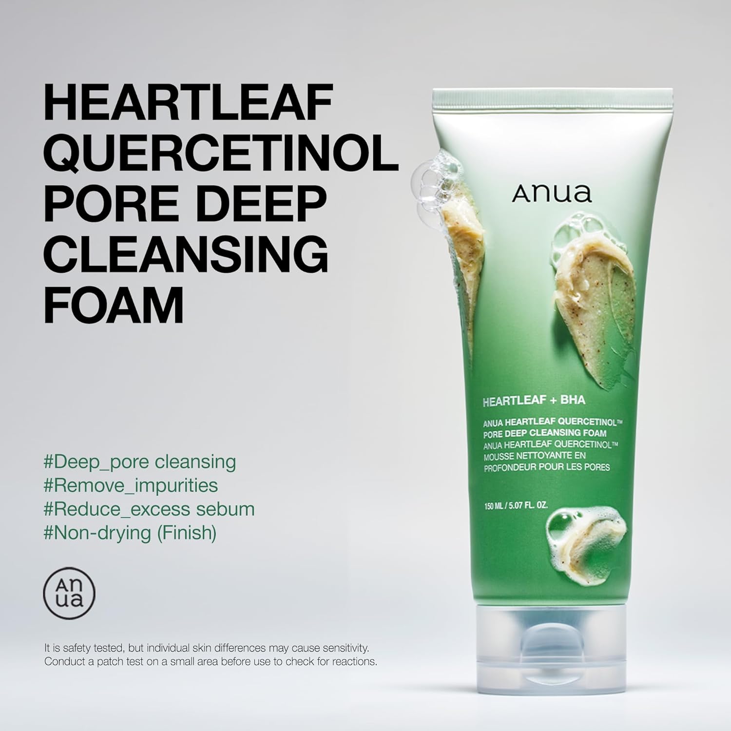 Anua Heartleaf Quercetinol Pore Deep Cleansing Foam tube on a gray background