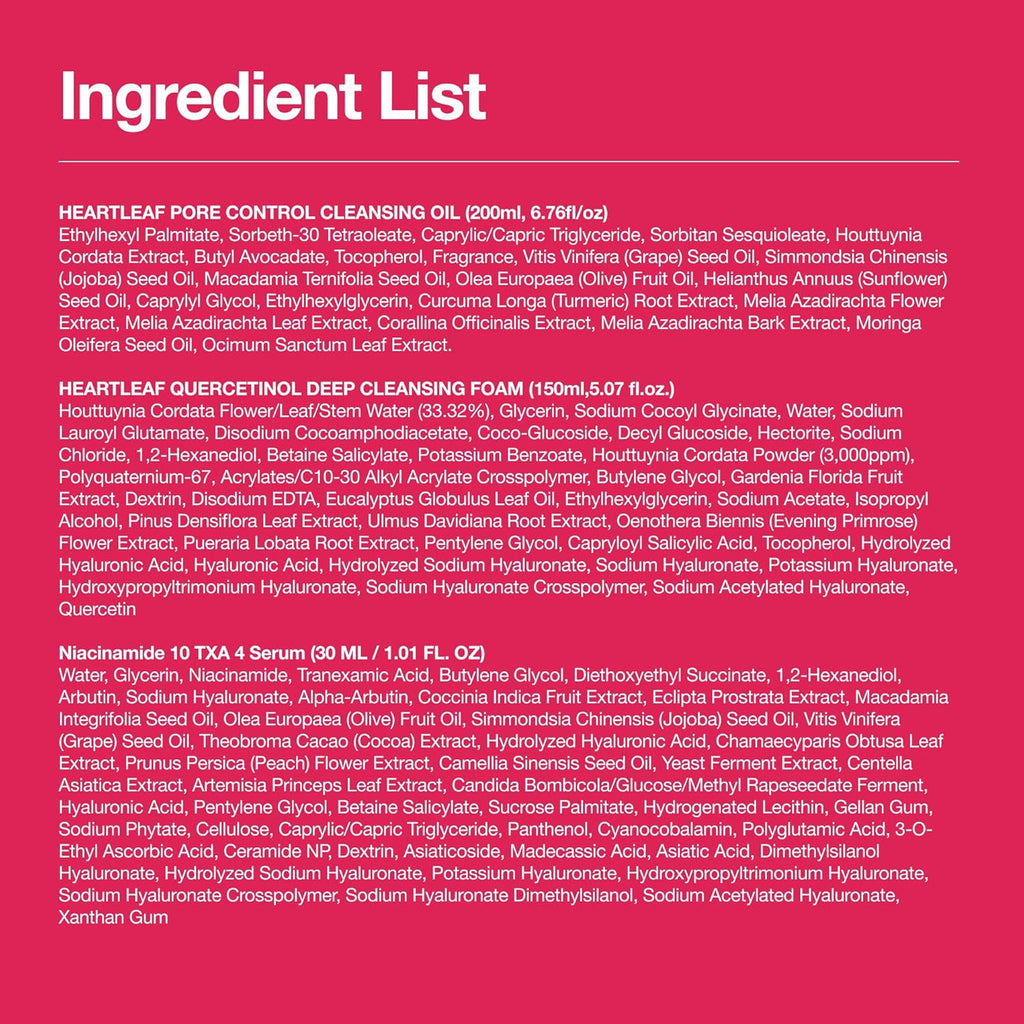 Ingredient list of a skincare product on a pink background