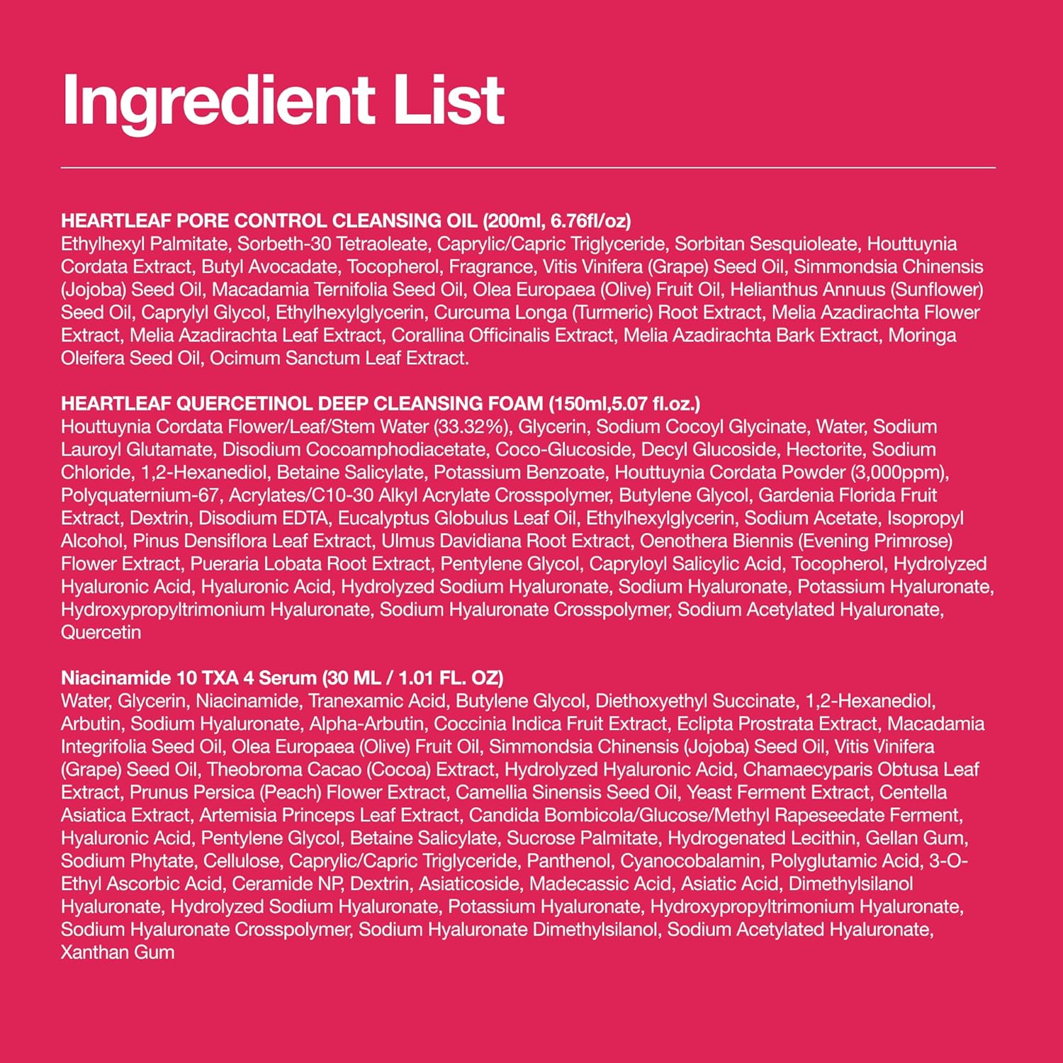Ingredient list of a skincare product on a pink background